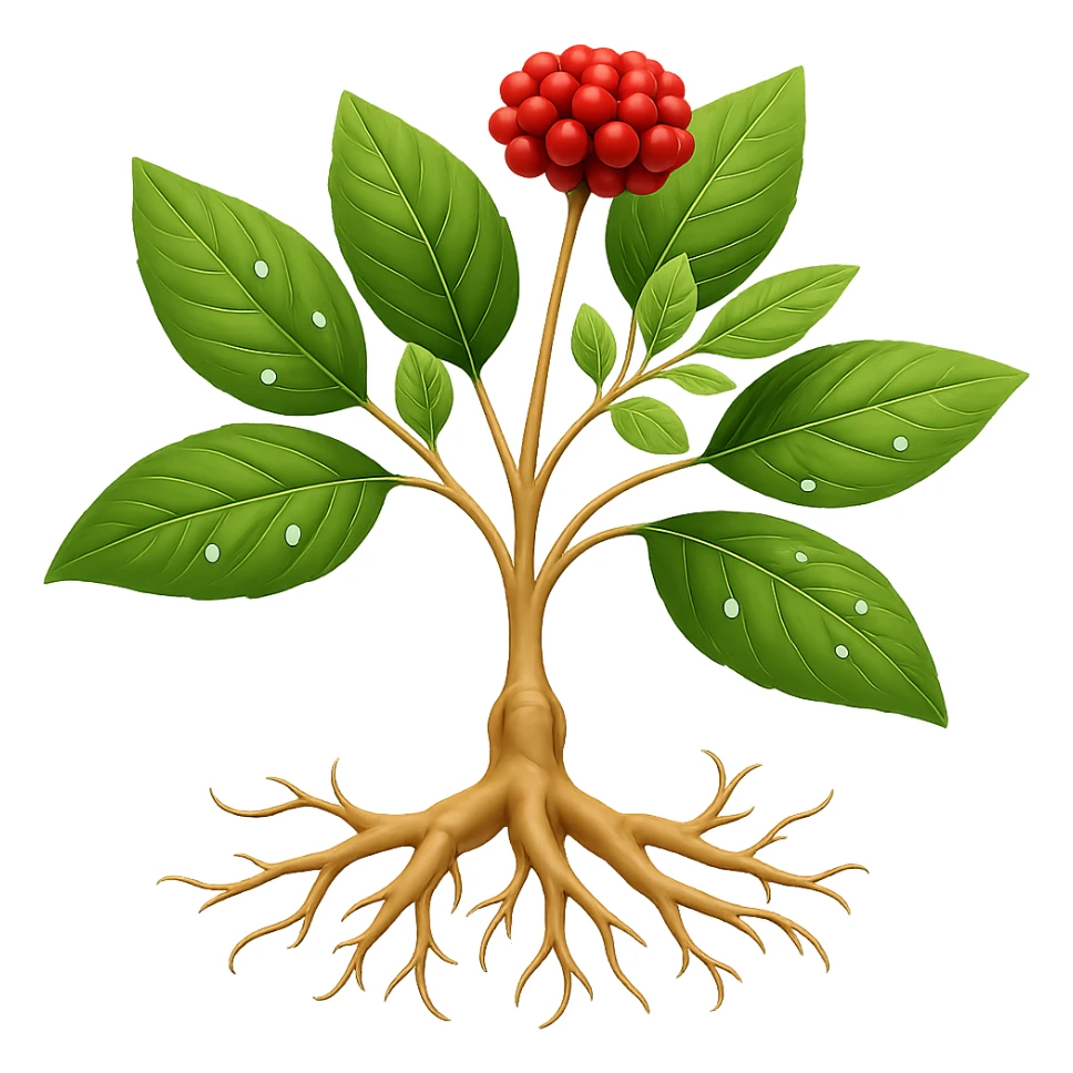 Add one fruit, a sprinkle, and two leaves to the wild ginseng plant. Keep the background transparent. Maintain the style of the original image. sticker