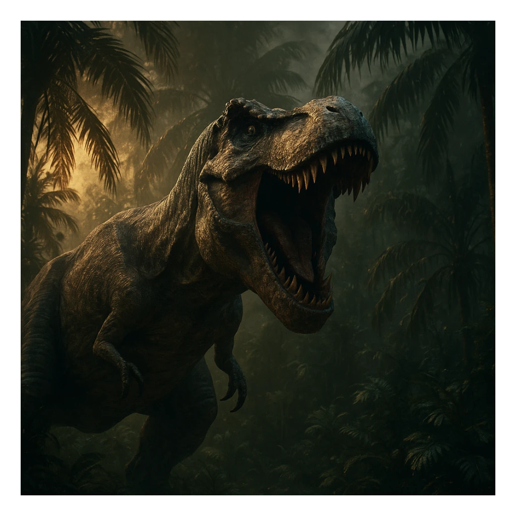 A T-Rex roaring with palm trees, inspired by Jurassic Park, in a dramatic cinematic style, intense lighting, detailed jungle background sticker