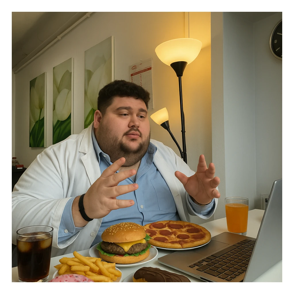Create a hyperrealistic 4K image of the same person from the reference photo, but in a fat and obese version, sitting at the same table with a huge, indulgent, and caloric meal including hamburger, fries, pizza, desserts, and drinks. The atmosphere and environment should be realistic and similar to the reference photo. sticker