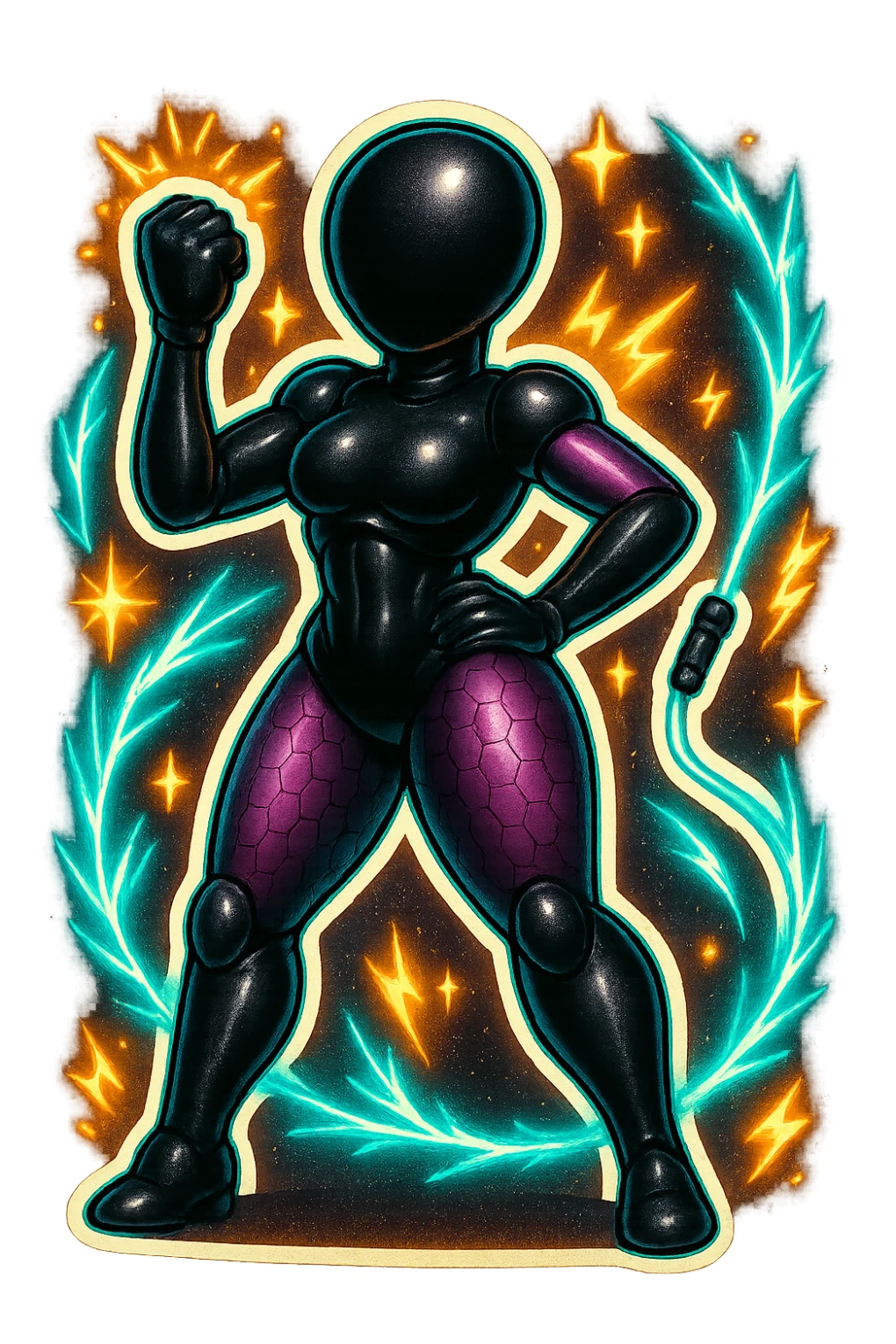 Add electric effects, lightning arcs and glowing sparks around the female robot, keep the retro sticker style, glossy black and purple, transparent background. sticker