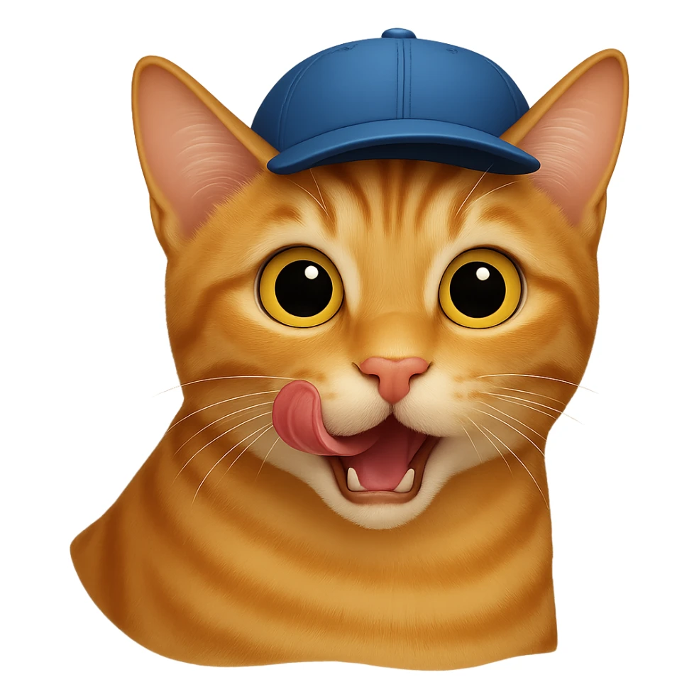 Change the cat's face expression to hungry (licking lips or wide eyes), keep the blue cap, and set the background to transparent. Maintain a style as close to the original realistic emoji as possible, with detailed fur texture and lifelike appearance. sticker