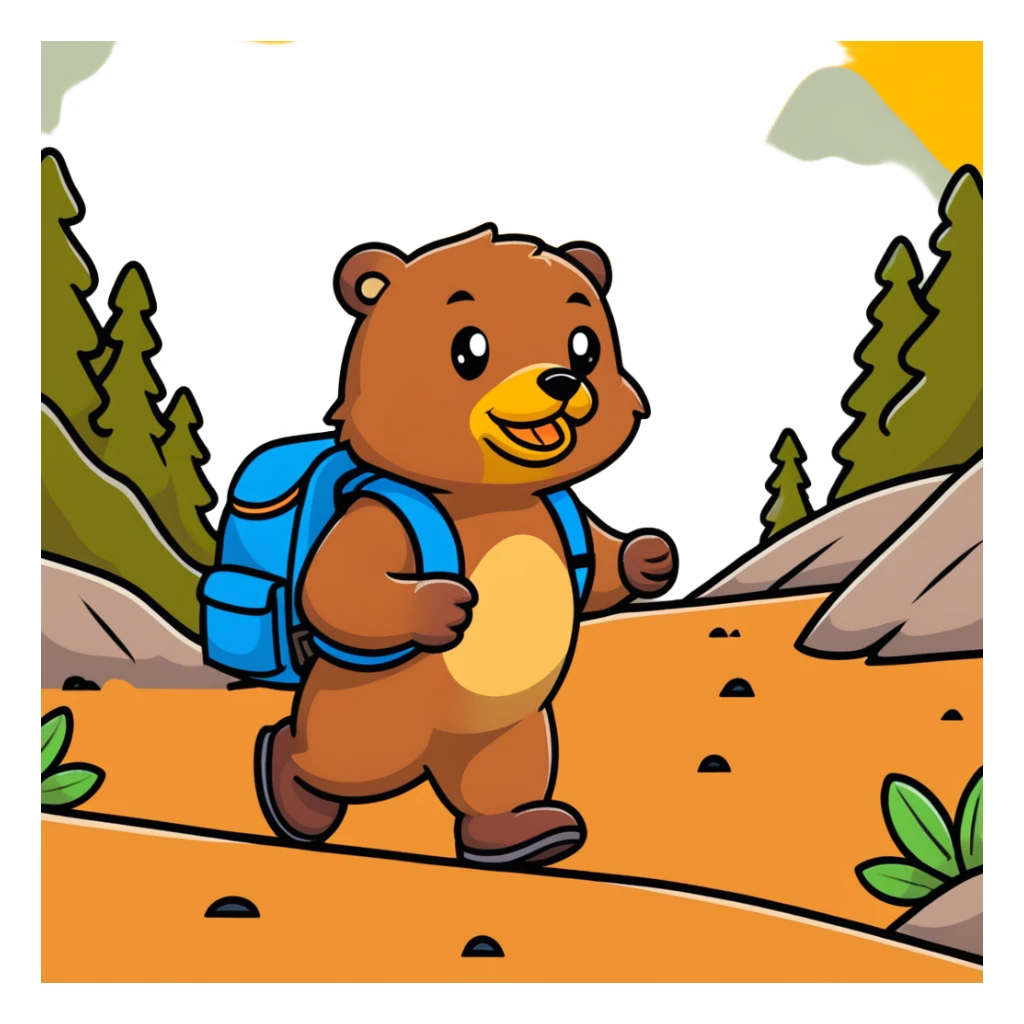 Beaver hiking up a trail ahead of a duck sticker