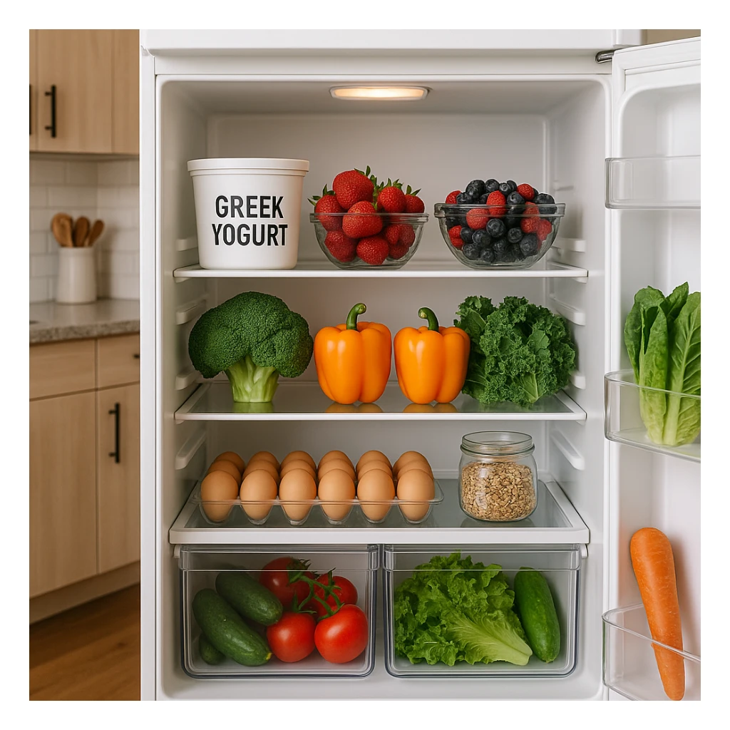 open refrigerator with recommended PCOS foods: Greek yogurt, fresh fruit, vegetables, eggs, seeds, tidy atmosphere, realistic details, kitchen background sticker