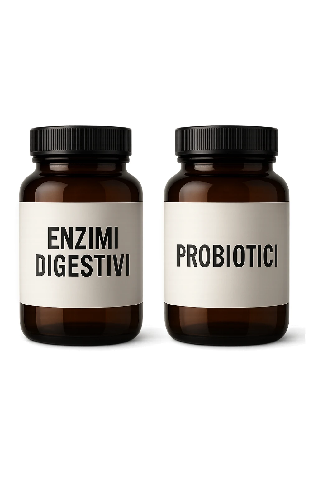DUE BARATTOLI di integratore con la scritta "ENZIMI DIGESTIVI" E "PROBIOTICI", iperrealistico 4k sticker