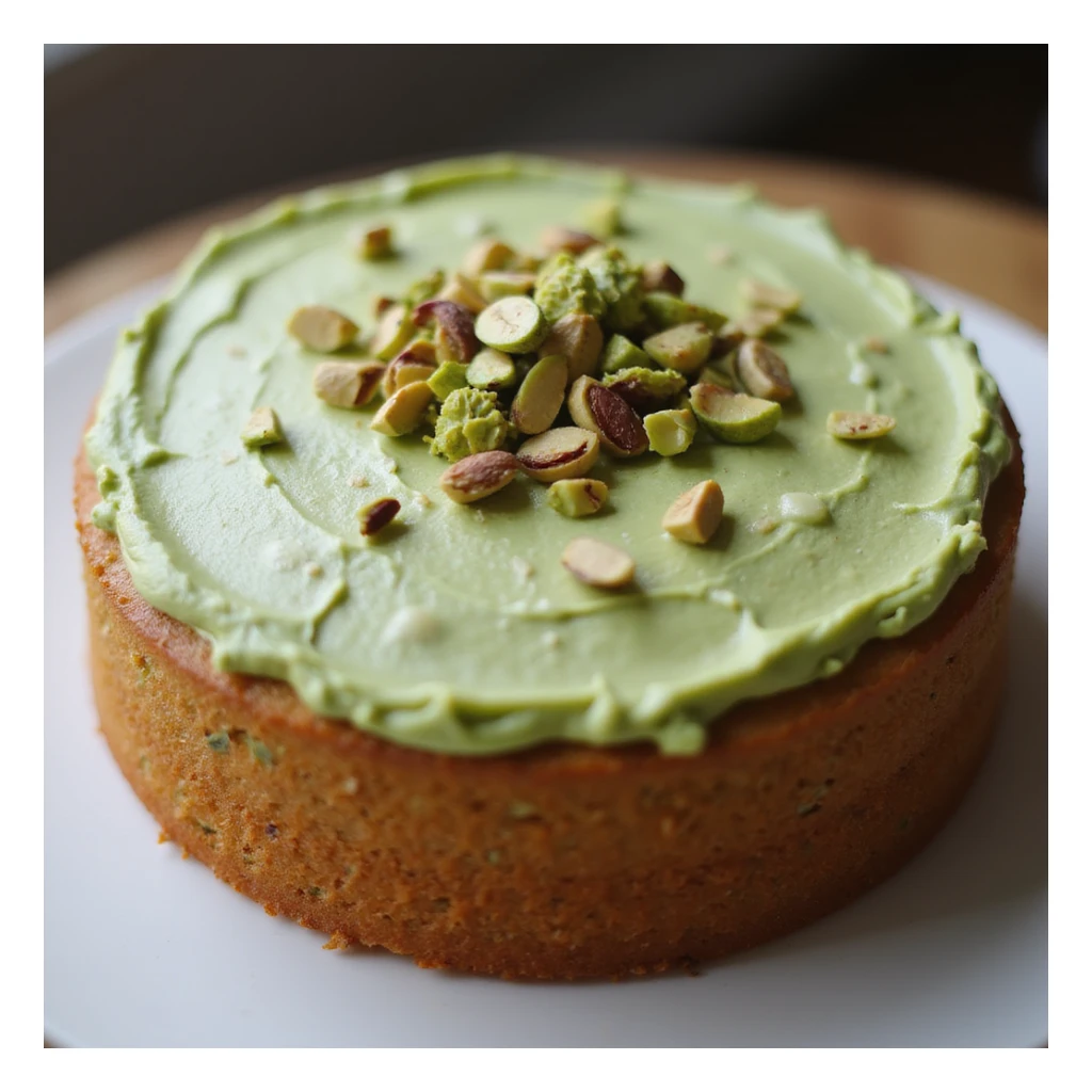 realistic round cake with pistachio frosting and chopped pistachios, photorealistic style sticker