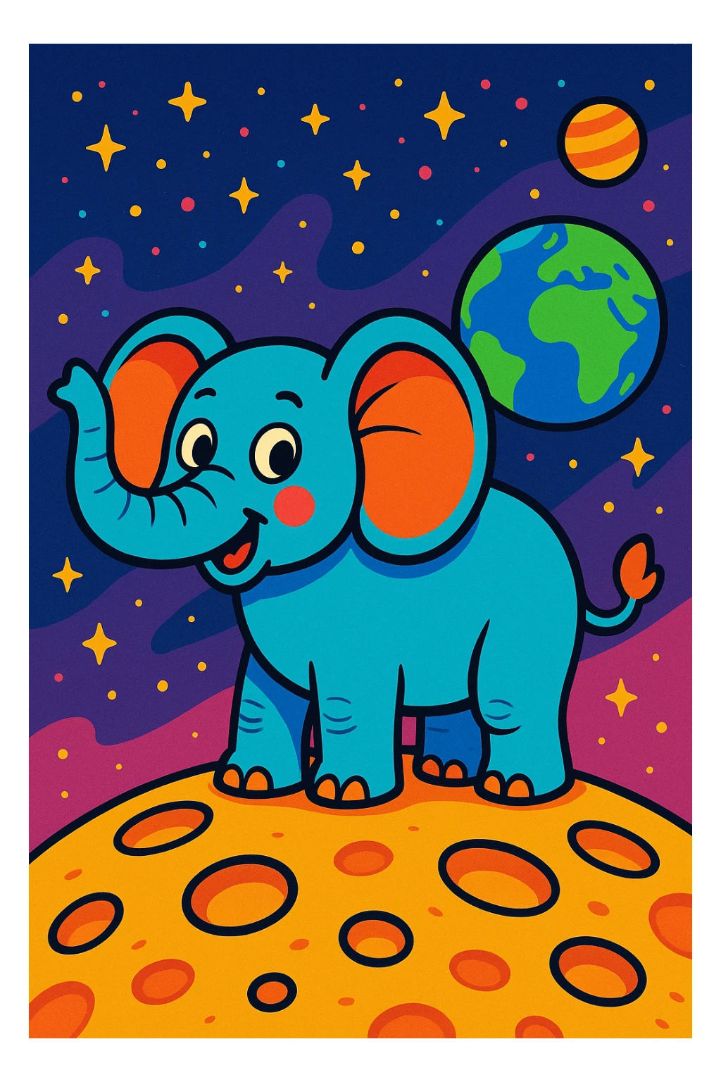 an elephant standing on the moon, vibrant cartoon style sticker