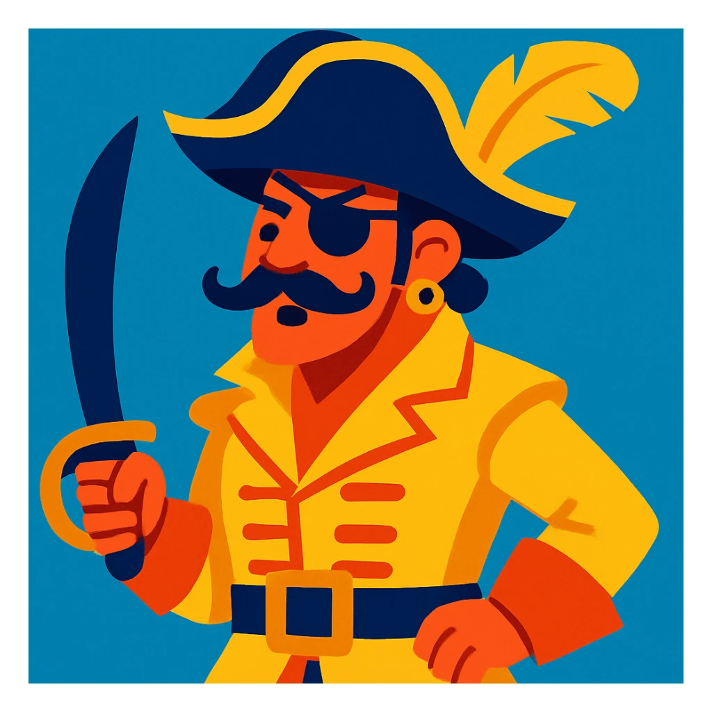 a pirate in a golden uniform and a hat with a golden feather, stylized, vibrant colors sticker
