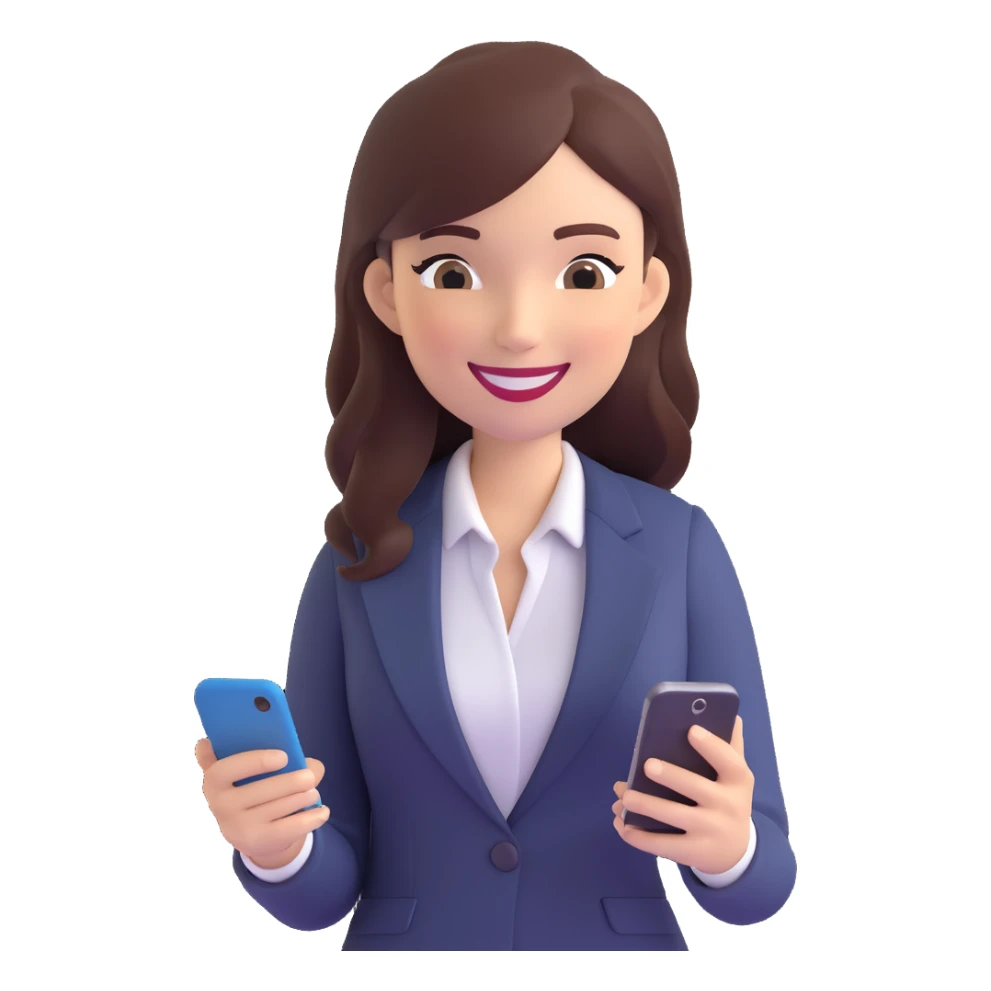 3D style, businesswoman standing, smiling while using her smartphone, modern office look sticker