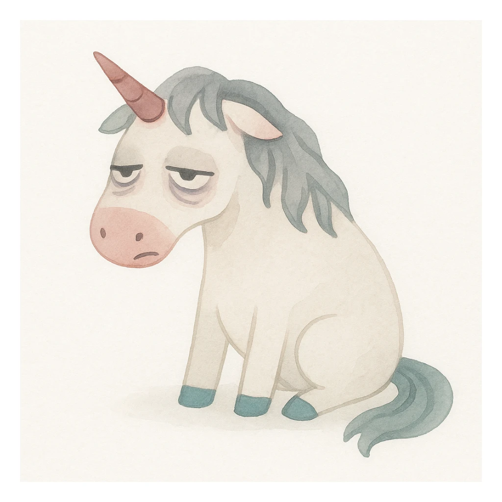 a disgusting, rumpled unicorn with bags under his eyes and a drooping horn, in a painterly style sticker