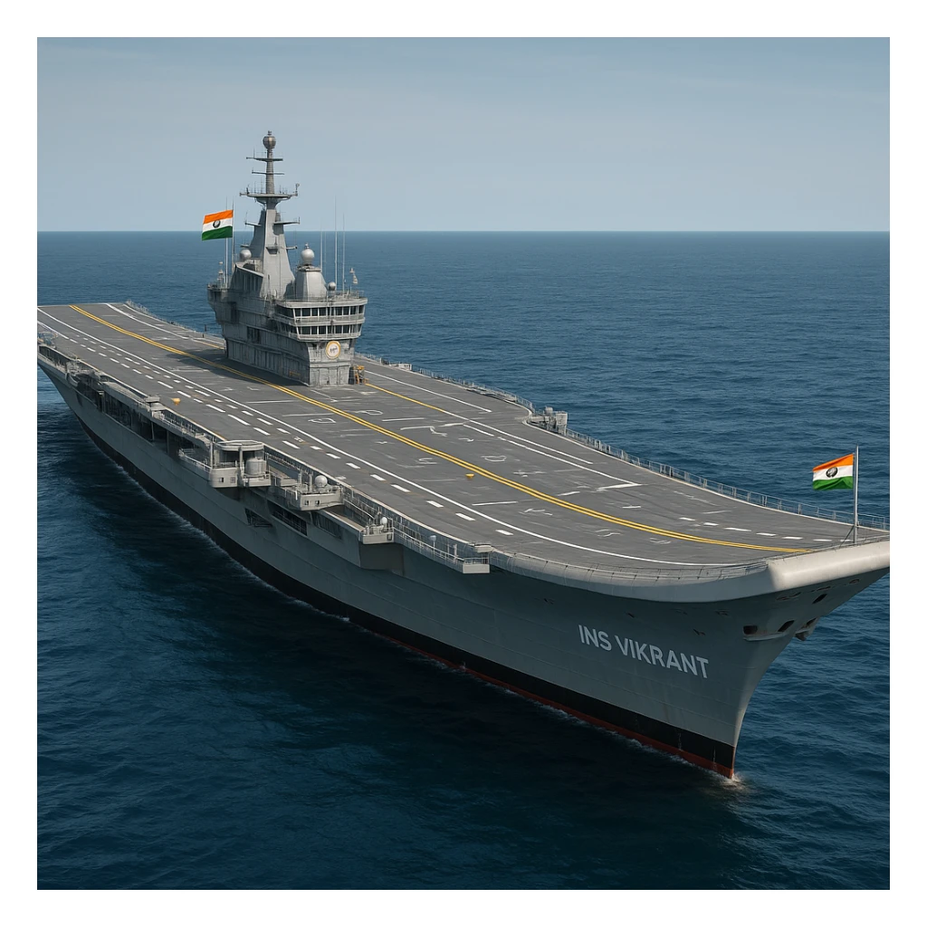 INS Vikrant, Indian Navy aircraft carrier, side view, detailed, modern, ocean background sticker