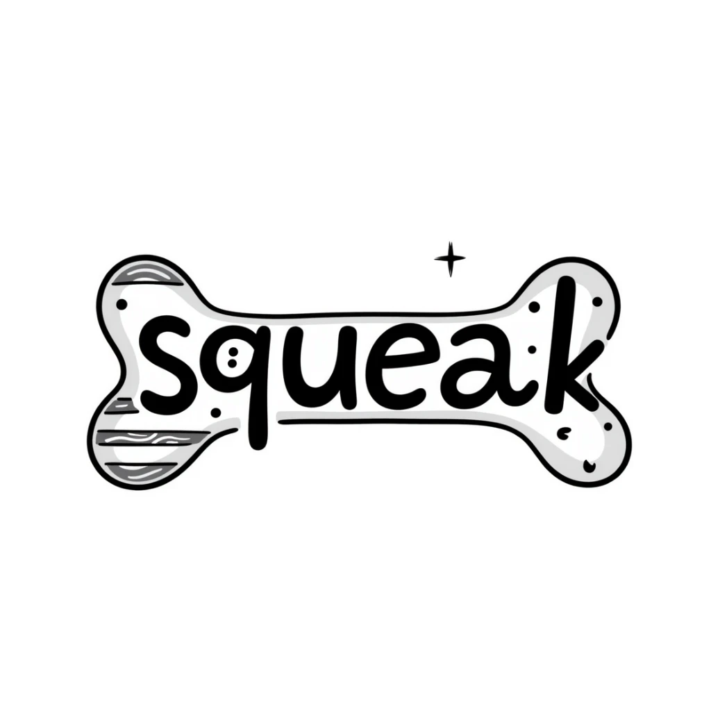 dog bone with the word 'squeak', colorful doodle style sticker