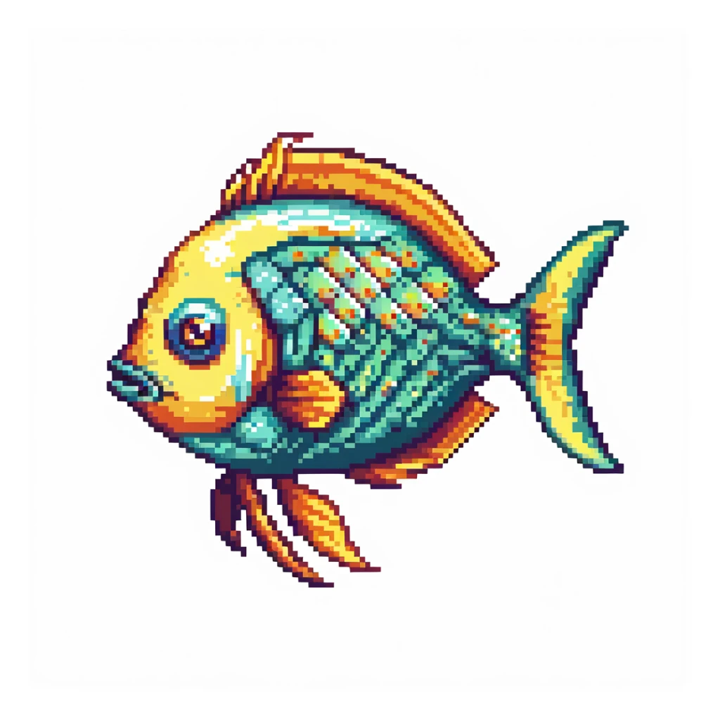 Tropical colorful fish for Minecraft inventory, eye pointing down-left at 45-degree angle, square texture, pixel art game asset sticker