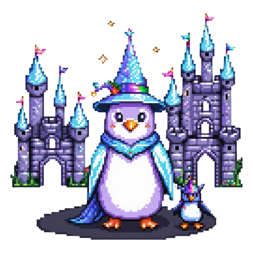 penguin wizard with magical sparkles, a unicorn, fairy, and tiny goblin companion in a pixelated fantasy world with a castle sticker