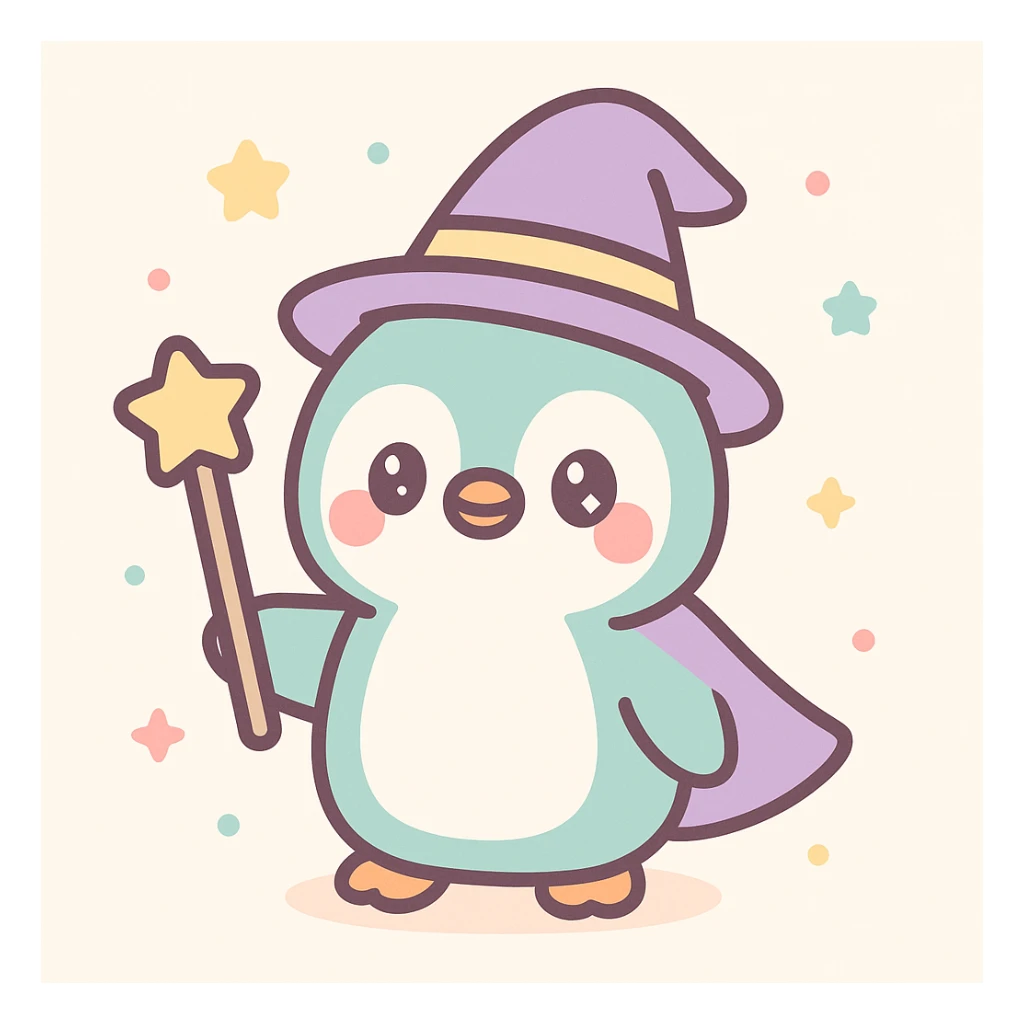 a penguin dressed as a wizard, with a pointy hat and a magic staff, in a cute and whimsical style sticker