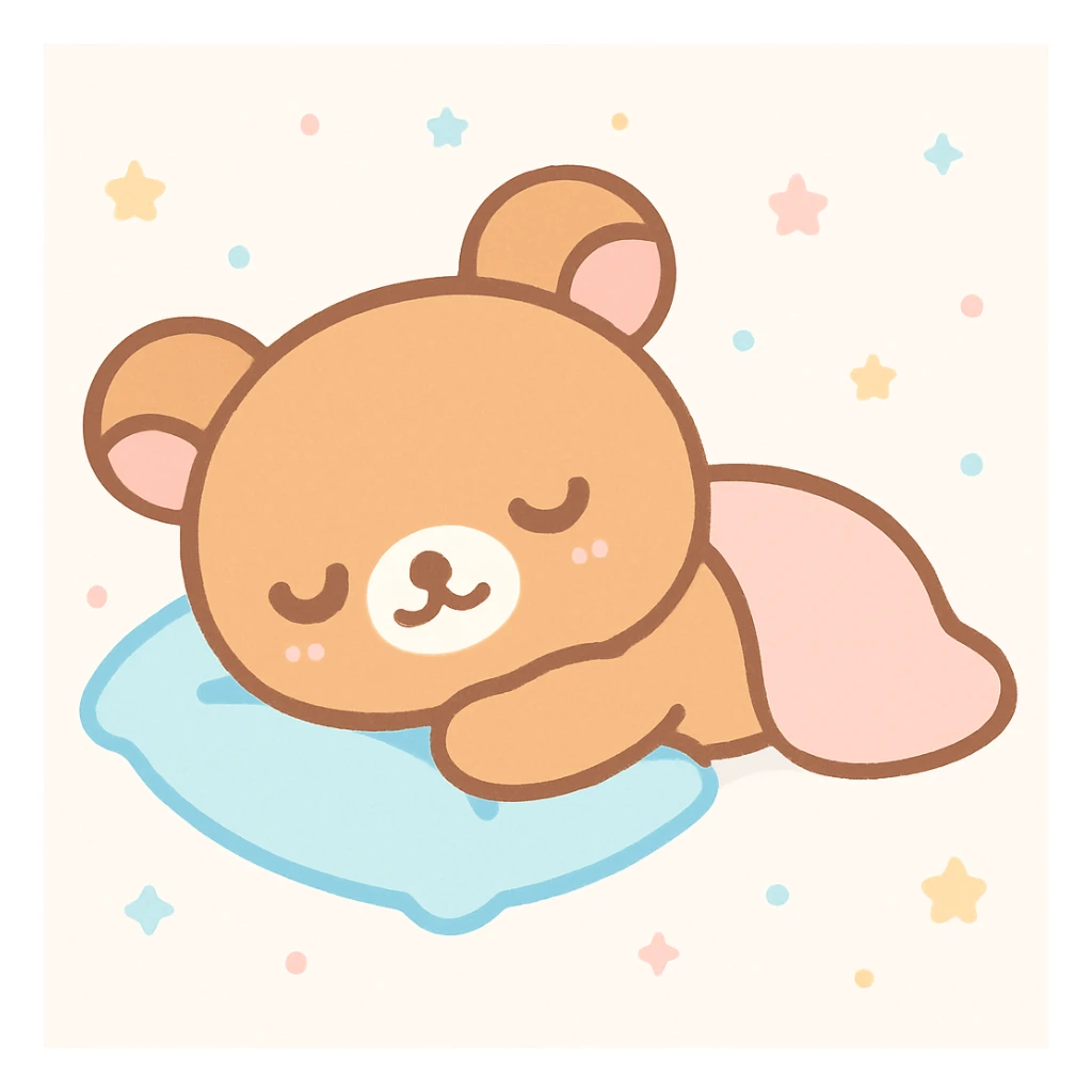 rillakuma, cute bear character, sleeping on a pillow, kawaii style sticker