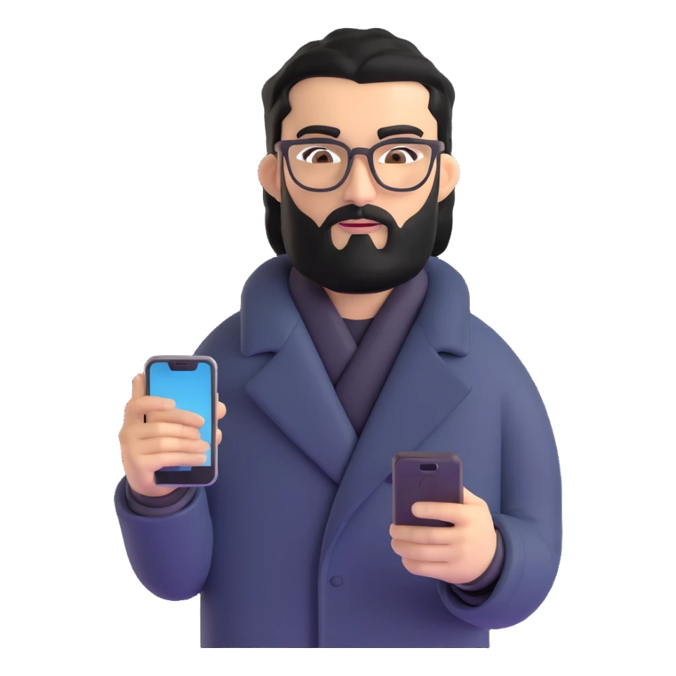 professional man standing, wearing black coat, with medium black beard, black hair neatly combed to one side, connected unibrow, olive tan skin, brown eyes, glasses, prominent nose, holding a smartphone sticker
