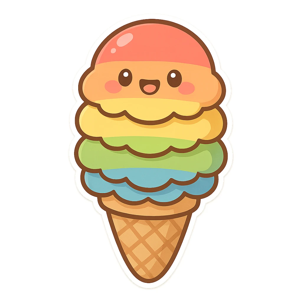 chibi sticker-style ice cream cone with rainbow scoops, pride, cute and exaggerated sticker