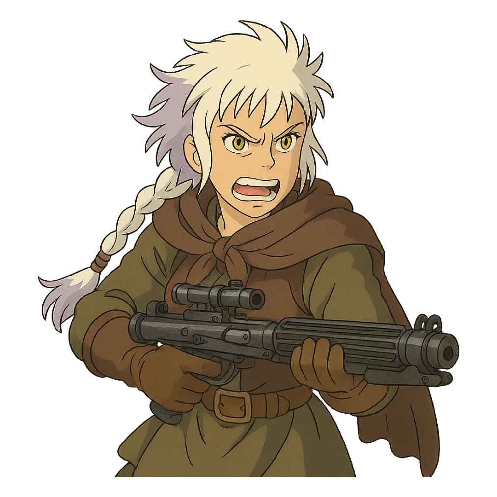 1 FEMALE, GOLD YELLOW EYES, WHITE HAIR LAVENDER TIPS, MESSY LOCKS BANGS MOHAWK, LONG BRAID, MERCENARY GARB, HOLDING A STORMTROOPER'S E11 BLASTER RIFLE, BRANDISHING, FURIOUS GLARE, GRITTING TEETH sticker