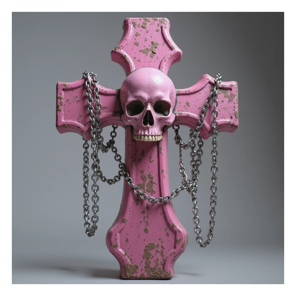 realistic gothic cross, pink with silver chains, photorealistic style sticker