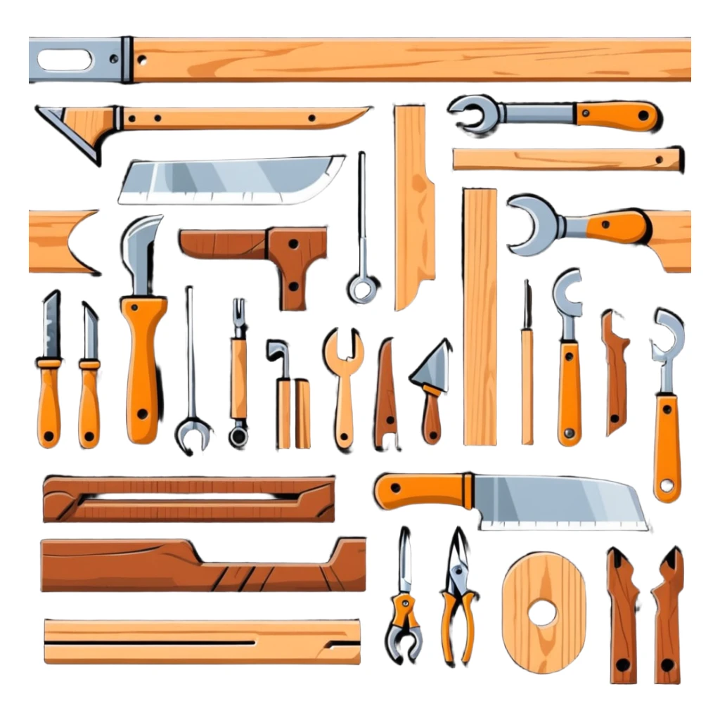 cartoonish woodworking tools and wood planks sticker