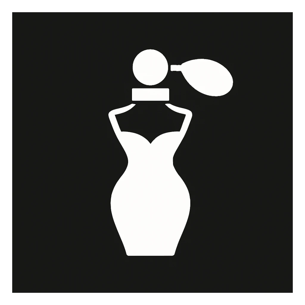 white Vector minimalistic and elegant icon of perfume woman shape, black solid background sticker
