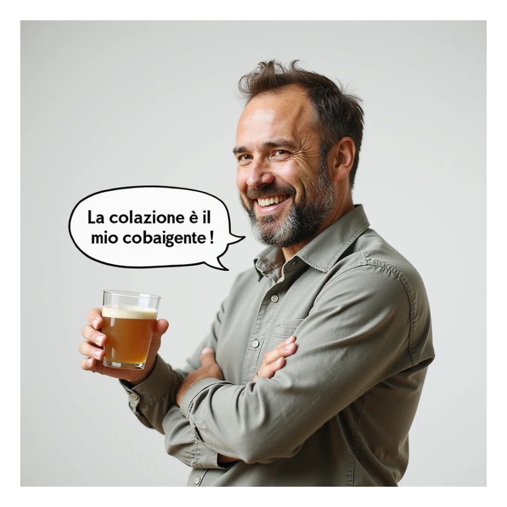 hyperrealistic 4K man isolated on white background with a speech bubble saying 'La colazione è il mio carburante!', smiling expression, natural pose, realistic details sticker