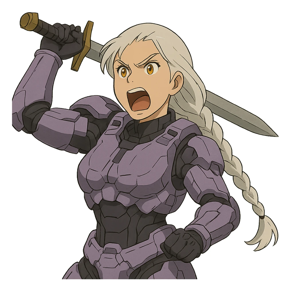 female, wearing reach spartan armor default, long white braid hair, gold yellow eyes, attention pose, HALO:series, no helmet, the armor is lavender color scheme, shoulder pad off. DDD bust size fitting. Punk gothic cyberpunk, brandishing a sword, preparing to swing and yelling sticker