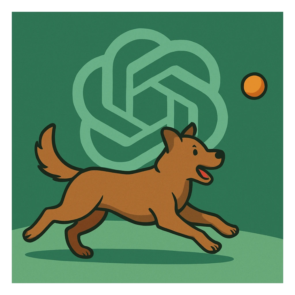 chat gpt image logo on the background of a dog chasing ball sticker