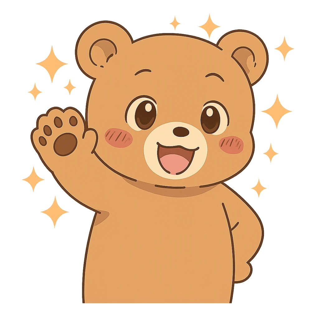 Add magical sparkles around the chibi bear waving bye. Keep the image with no background. sticker