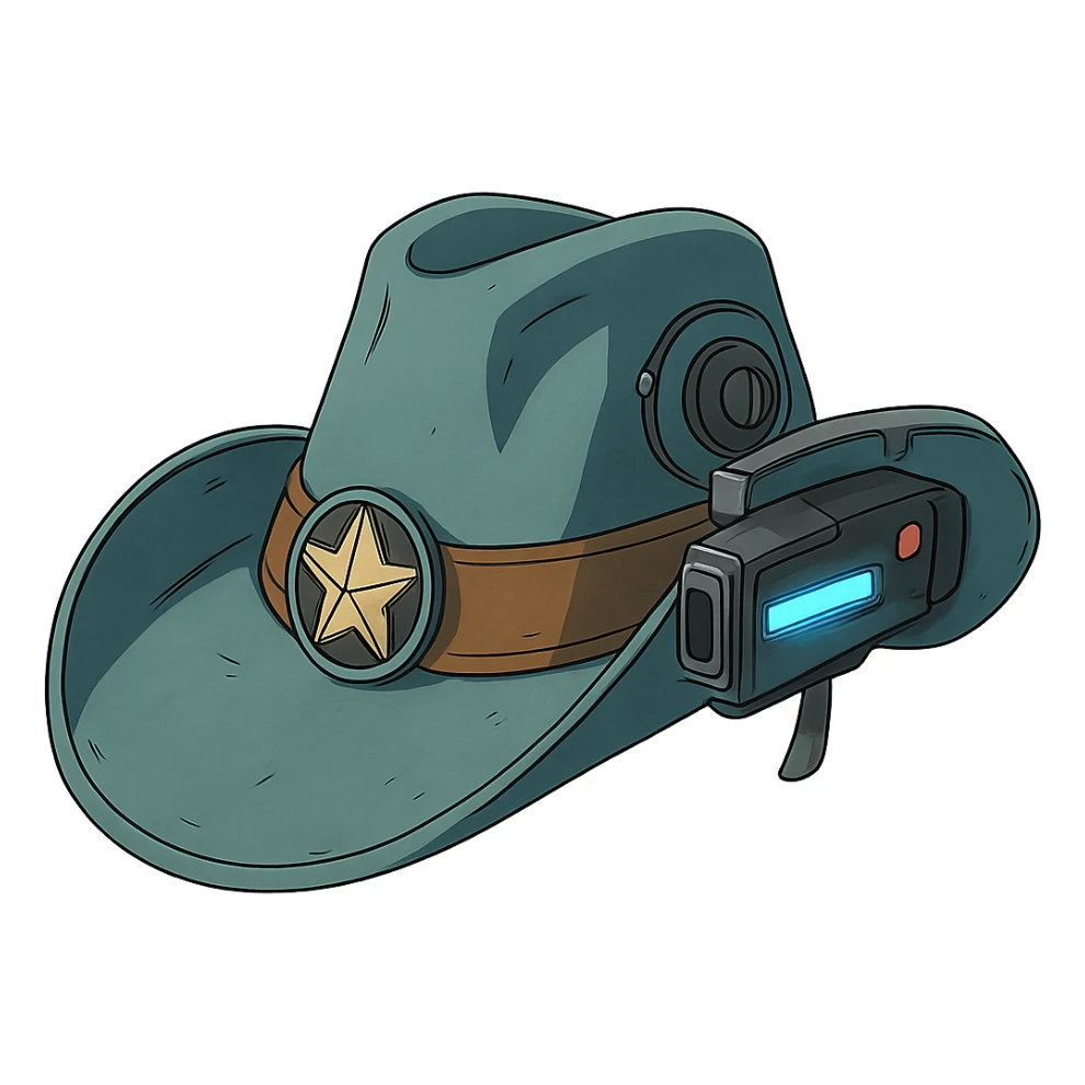 a tricked out futuristic cowboy hat, viewed 2/3 to the front sticker