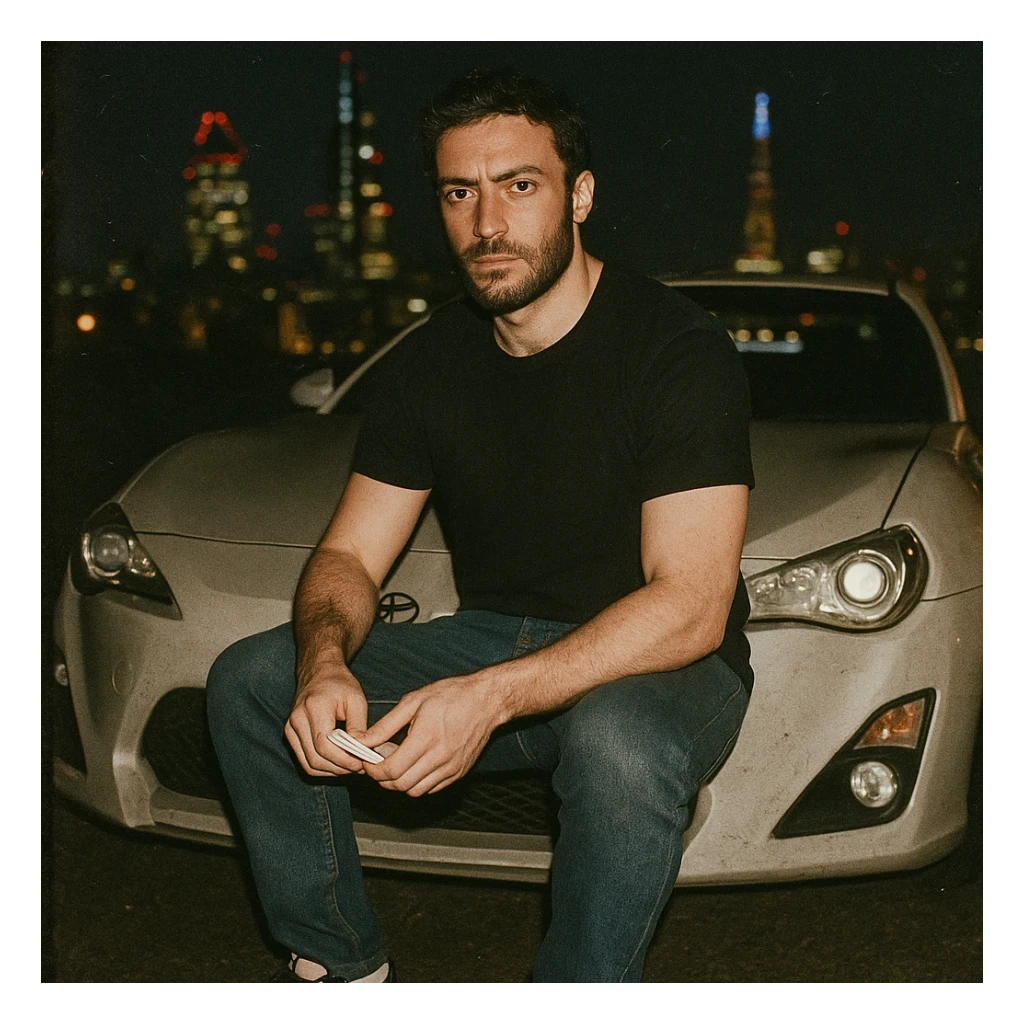Grunge-style analog photo, London 2025, person inspired by the reference image sitting in front of a Nissan GT 86, model pose turned towards the camera, wearing a black t-shirt, jeans, and Nike Air Jordan low shoes, using flash, nighttime city background, analog grain, 1/8. sticker