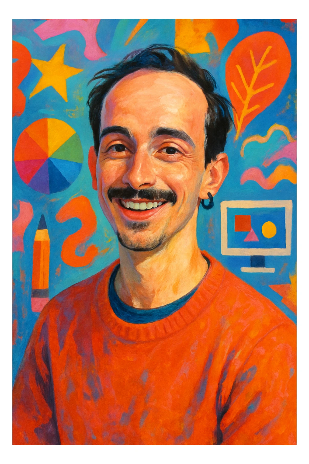 Young male graphic designer, receding dark hair, thin moustache, black earring left, cheerful, modern look, creative vibe sticker