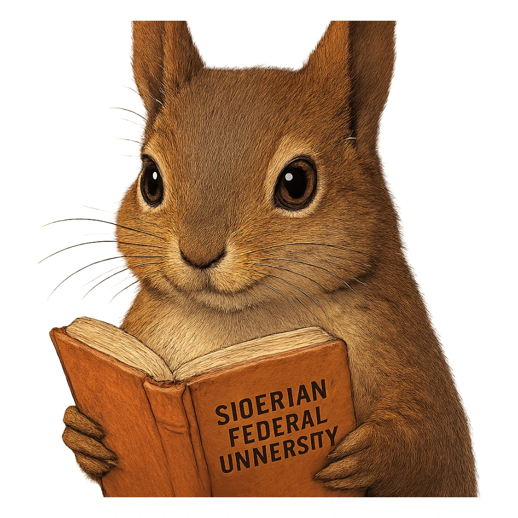 A cute brown squirrel with an orange book, studying at Siberian Federal University, close-up of the face, detailed fur, intelligent and beautiful sticker