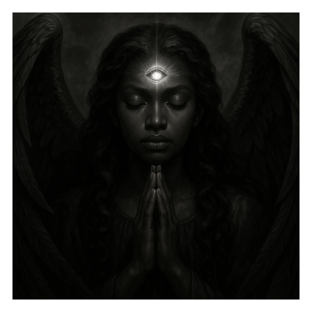 a majestic black angel, eyes closed in prayer, third eye on forehead pulsing with energy sticker