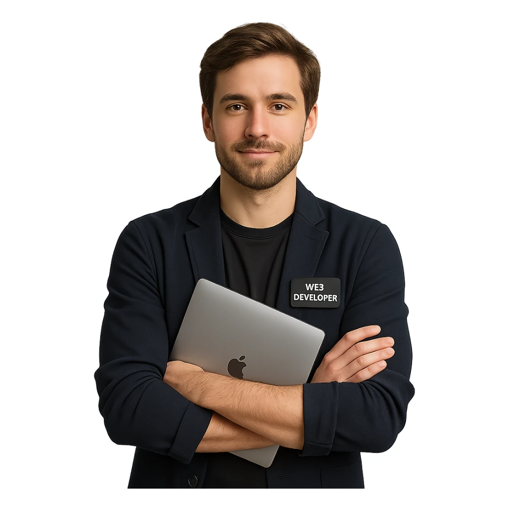web developer, brown hair, folded arms, holding a MacBook, relaxed and professional, modern tech style sticker