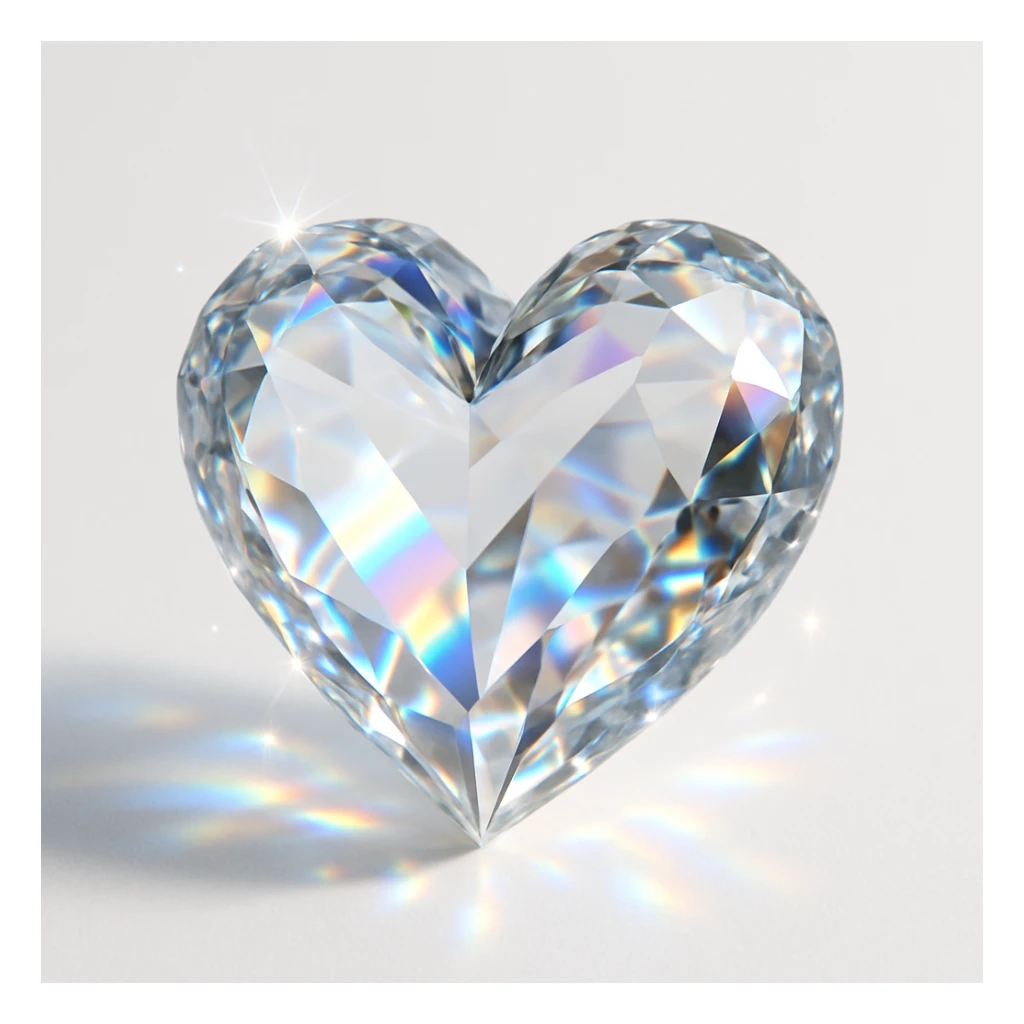 photorealistic crystal heart with sparkles and rainbow reflections, white clean background sticker