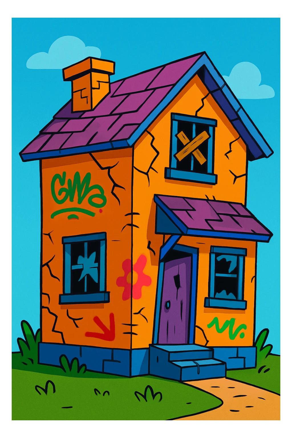 shabby house, vibrant toon style, exaggeratedly run-down, colorful graffiti sticker