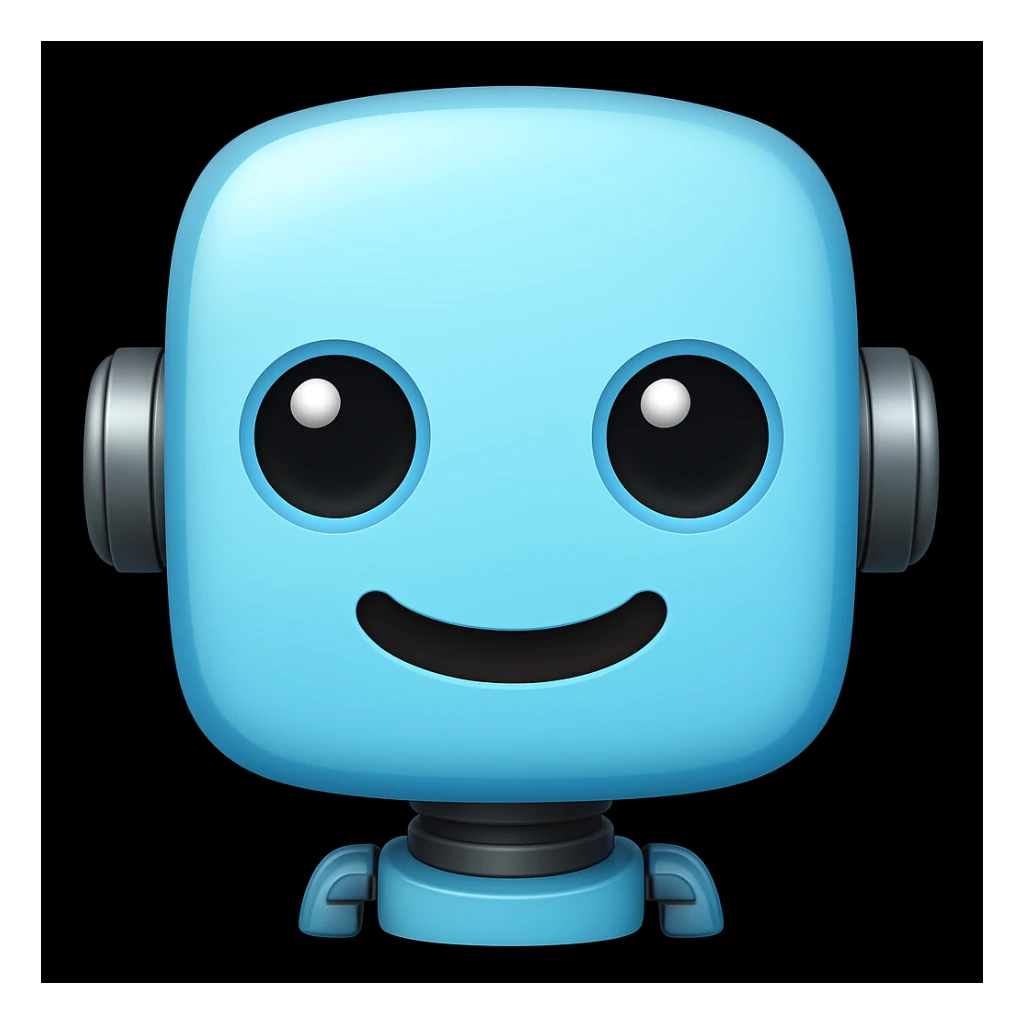 Edit the image to depict a light blue (#b0f2f8) cute robot with a round head, big eyes, and a smiling expression in the style of an apple emoji. sticker