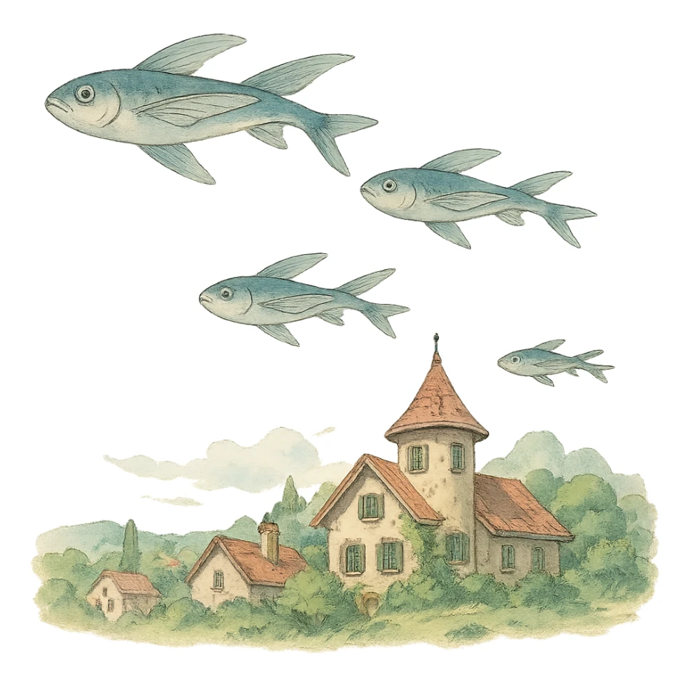 flying fish above a village in ghibli style, serene, detailed, soft colors sticker