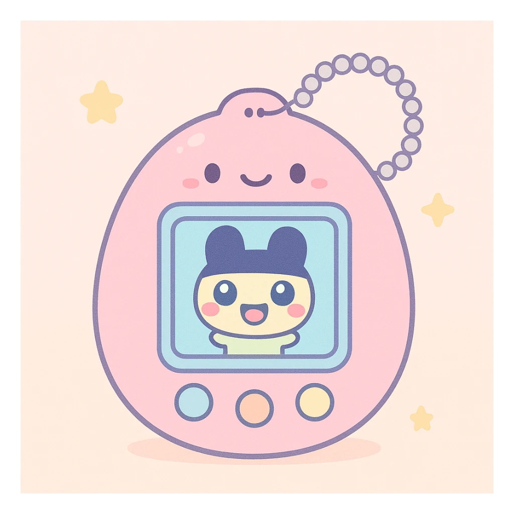 Tamagotchi virtual pet device, kawaii style, pastel colors, egg shaped, three buttons, Mametchi on screen, keychain, adorable face on the device sticker