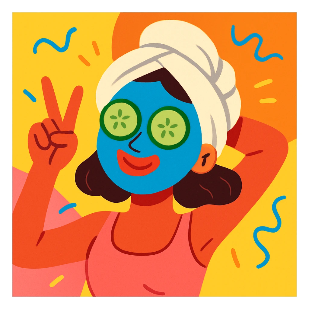 lady with a blue spa face mask, cucumber slices on eyes, relaxing, playful, vibrant colors sticker