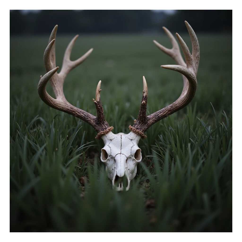 deer skull in tall grass, moody lighting, realistic style sticker