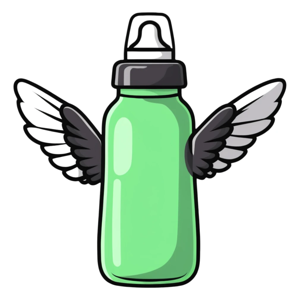 flying baby bottle with milk, wings, cartoon style sticker