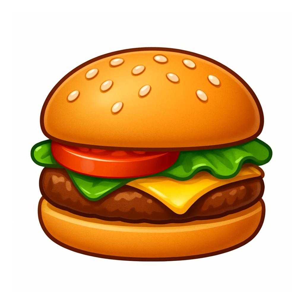 A classic single patty hamburger emoji,, glossy and colorful. Soft rounded bun with sesame seeds, one beef patty, fresh lettuce, ONE tomato slice, melted cheese, realistic but cartoonish look, clean white background sticker