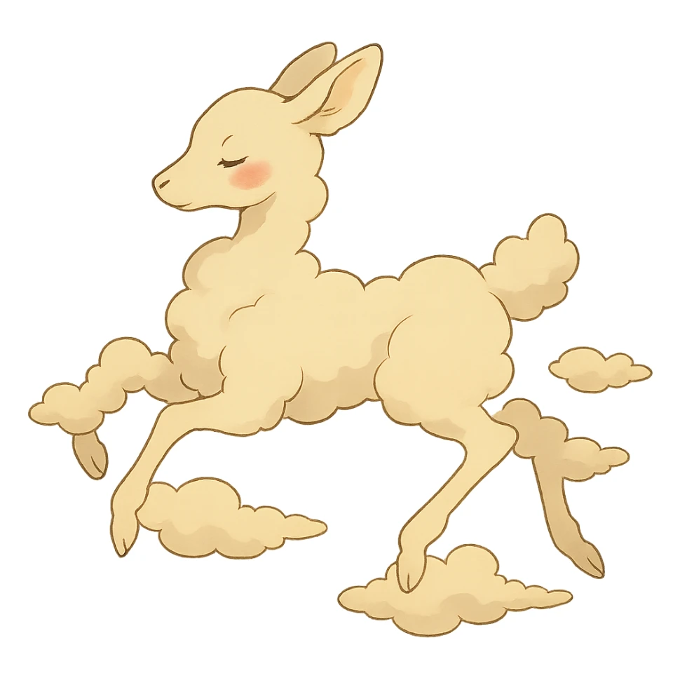 vanilla-colored cloud doe, floating with rosy cheeks and witch-like grace, ghibli style sticker