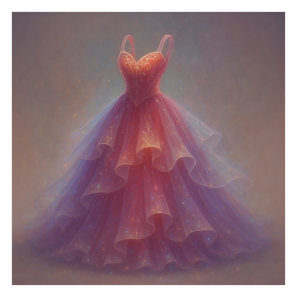Transform this red ballgown into an even more fancy, ethereal, and mystical dress, combining fantasy and Disney princess elements. Add magical sparkles, flowing layers, and a dreamy, otherworldly aura. Style should reflect a fantasy Disney princess look with ethereal and mystical qualities. sticker