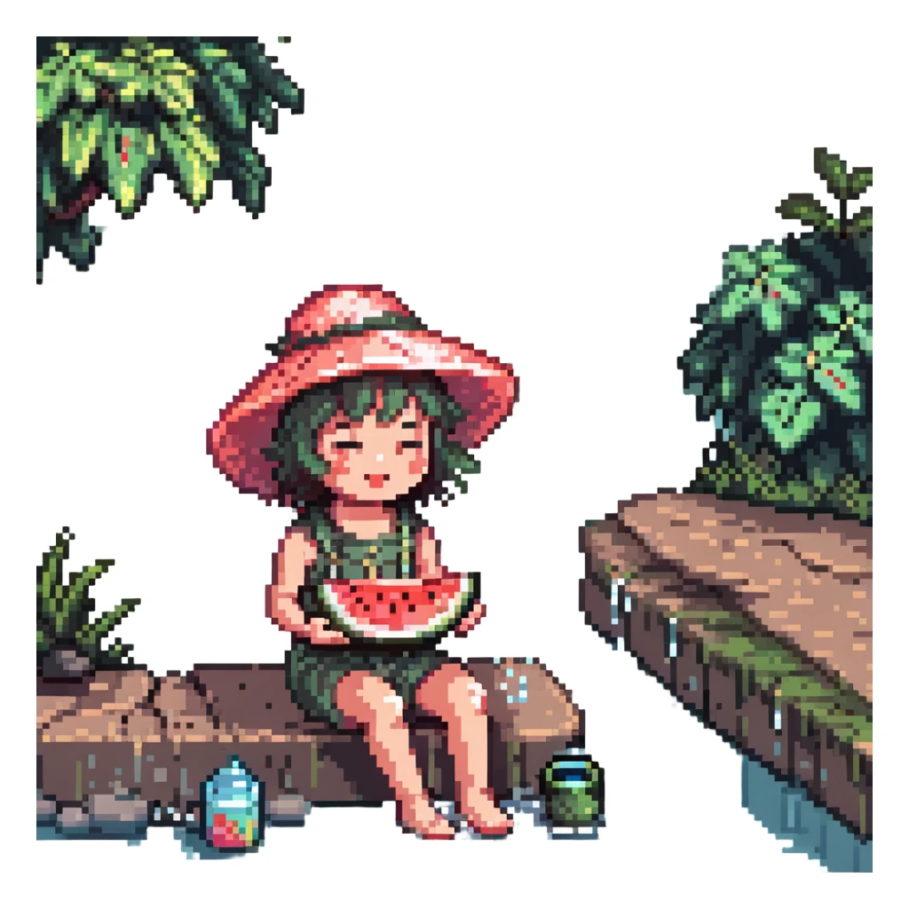 happy kid with a floppy sun hat sitting by a river eating watermelon surrounded by sparkles and water splashes pixel art vibrant colors sticker