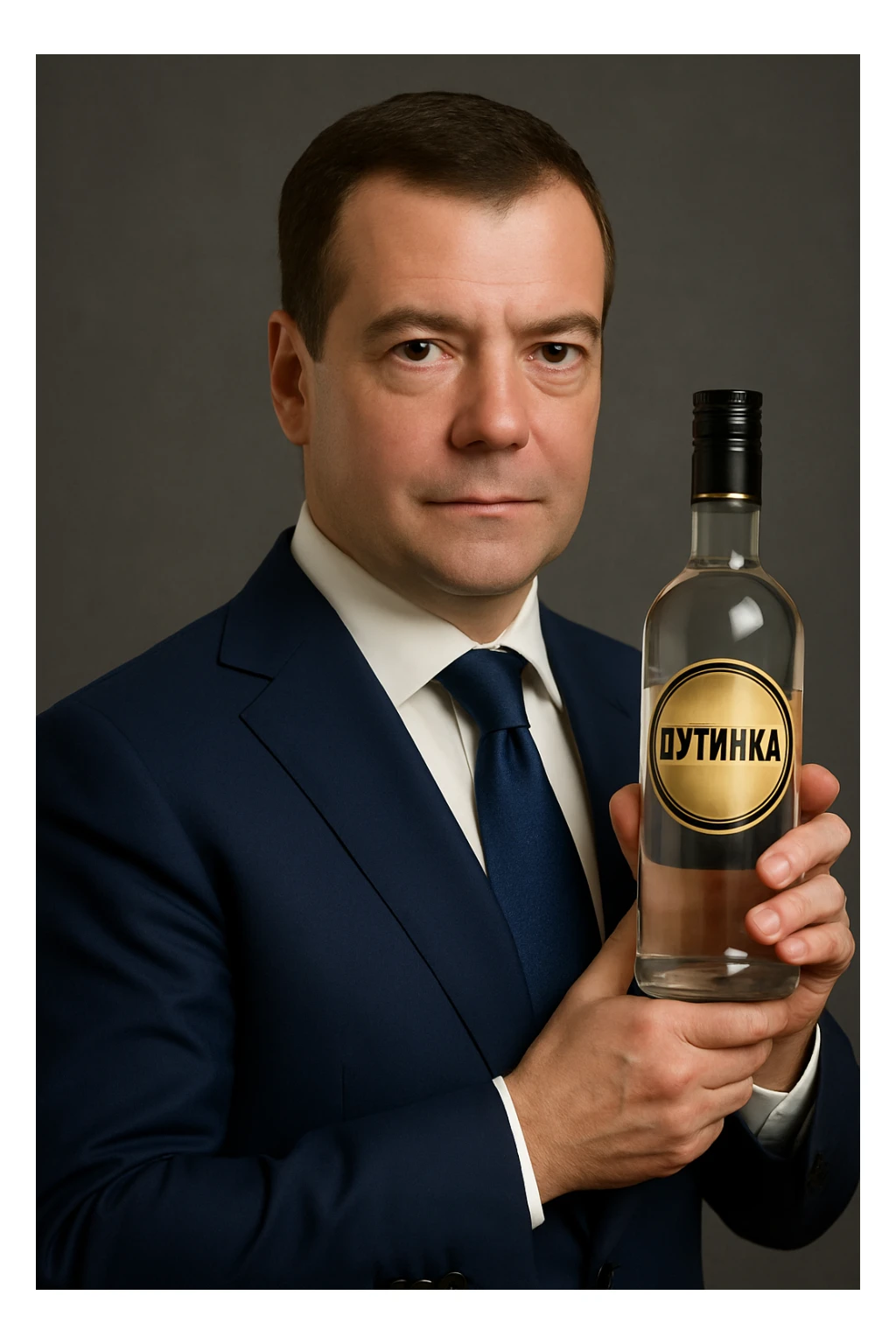 Сгенерируй мне этого человека (Дмитрия Медведева) в деловом костюме, в руках у него водка путинка (Пример прикрепил) sticker