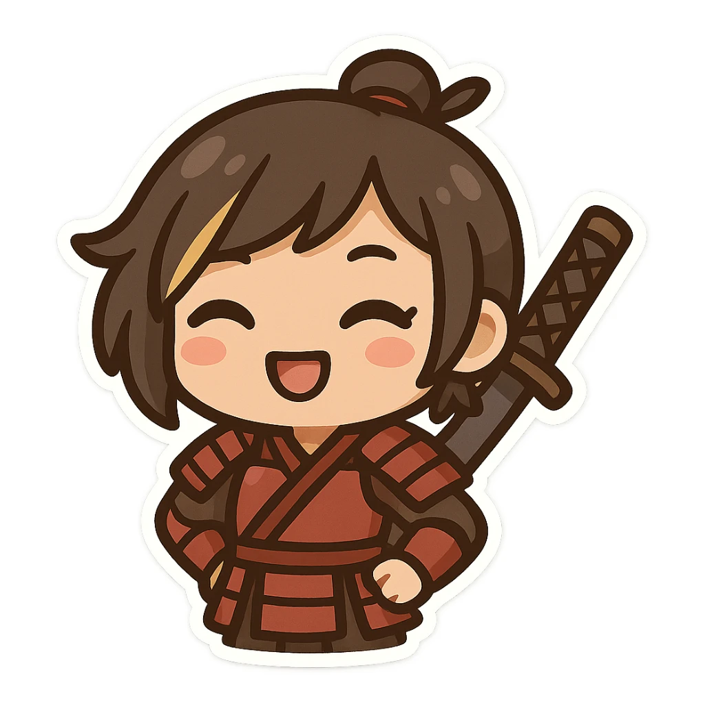 Convert this image to Twitch emoji format: chibi kawaii samurai girl with short hair and one streak of blonde in her hair, smiling, simplified details, bold outlines, clear facial expression, transparent background, sized for Twitch emoji use. sticker
