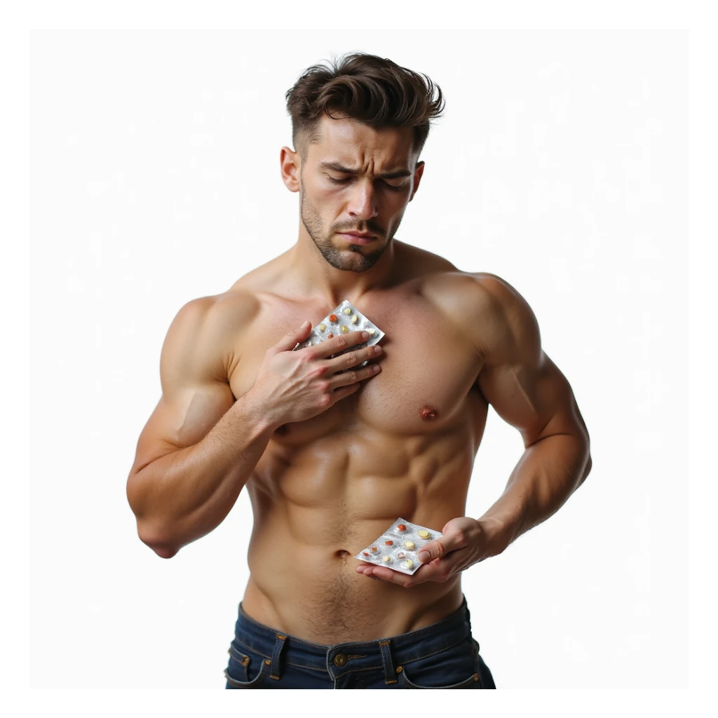 realistic young muscular bodybuilder with a pained expression, holding blister packs of anabolic pills, touching right side near liver, pale face, isolated on white background sticker
